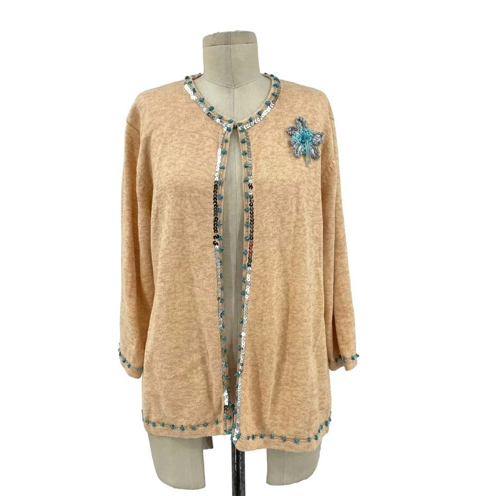 Storybook Knits‎ Peach Sequin Beaded Cardigan Sweater Size Large